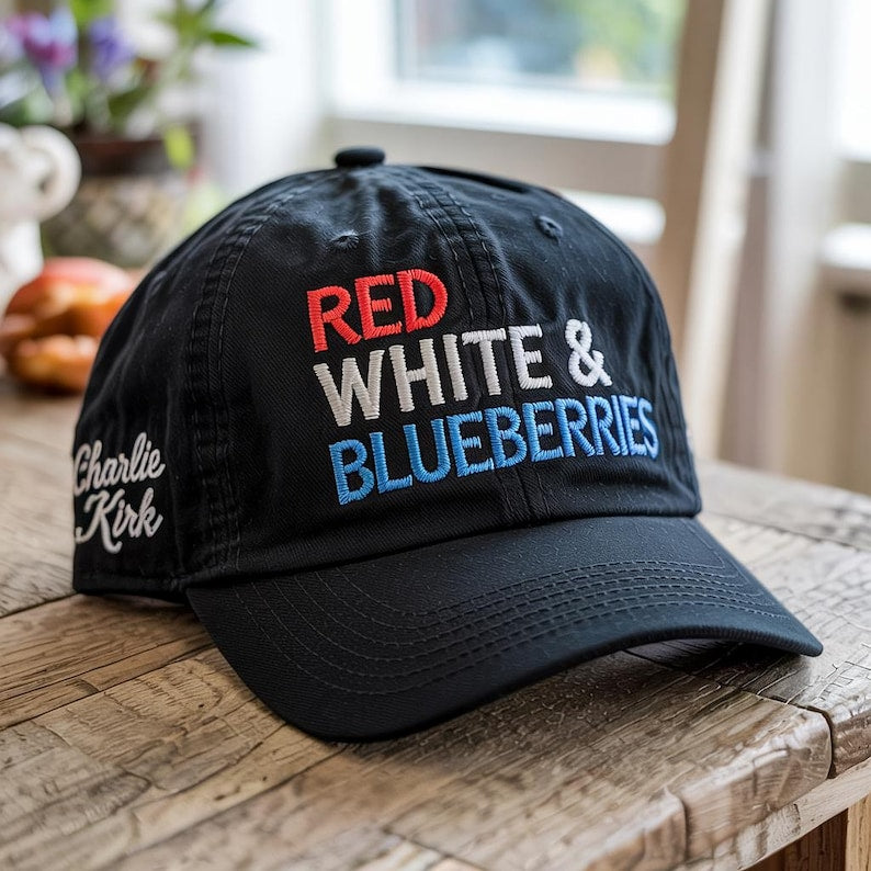 Embroidered Red White & Blueberries Charlie Kirk Memorial Freedom Cap, Patriotic Conservative Apparel Political Activist Hat