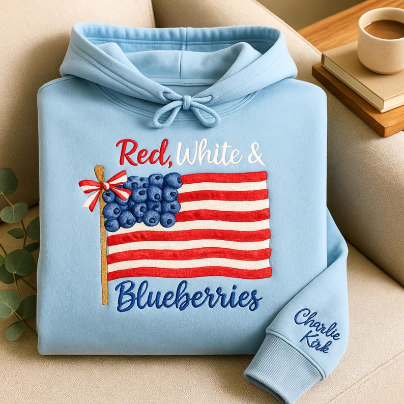 Embroidered Red, White, Blueberries Sweatshirt, Charlie Kirk Tribute Quote Sweatshirt, Charlie Kirk Freedom Champion Hoodie, Charlie Kirk Hoodie