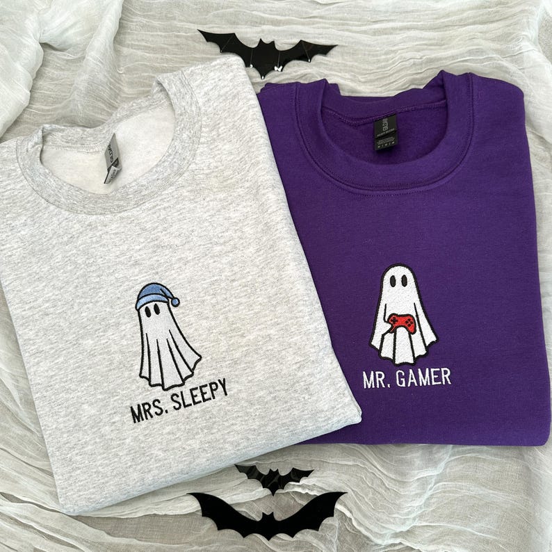 Personalized Embroidered Ghost Sweatshirt, Couple Halloween Hoodie, Mr. Gamer Mrs. Sleepy Shirt, Cute Family Fall Sweatshirt, Spooky Season