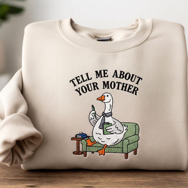 Funny Goose Therapist Embroidered Sweatshirt Beige Crewneck, Quirky Animal Humor Top, Unique Gift for Men and Women