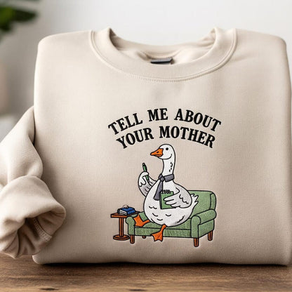 Funny Goose Therapist Embroidered Sweatshirt Beige Crewneck, Quirky Animal Humor Top, Unique Gift for Men and Women