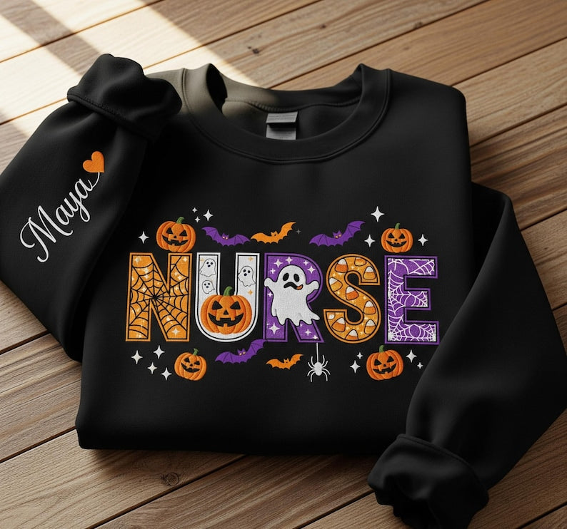 Halloween Nurse Sweatshirt Personalized Crewneck with Pumpkin, Ghost, and Bat Print, Cute Spooky Fall Pullover for Nurses, Custom Name Gift, Fun Halloween Medical Staff Outfit