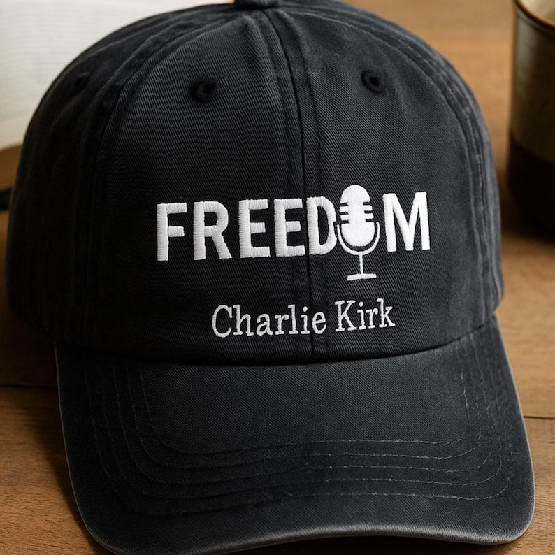 Embroidered Charlie Kirk Freedom Microphone Logo Cap Embroidered Adjustable Baseball Hat Celebrating Free Speech and Patriotic Spirit