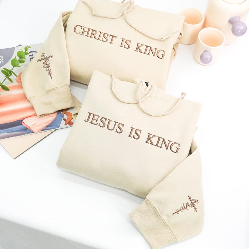 Embroidered Jesus Is King Hoodie - Custom Bible Verse Hoodie - Personalized Christian Apparel For Men - Matching Hoodies For Couple
