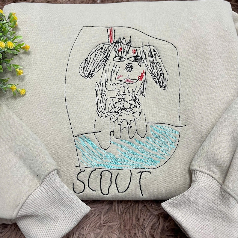 Custom Kids Drawing Sweatshirt, Personalized Family Portrait Embroidered Sweater, Unique Gift from Child s Artwork, Custom Mom Dad and Pet Illustration Jumper