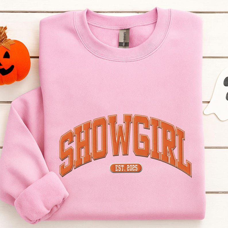 Showgirl Era Embroidered Sweatshirt, Orange Show Girl Sweater, Showgirl Life Embroidered Hoodie, Album Release Party Embroidery