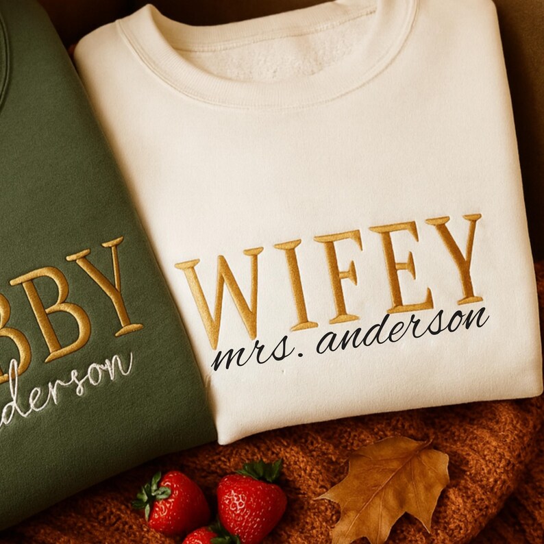 Wifey Hubby Embroidered Sweatshirt or Hoodie - Bridal Gift, Engagement Sweatshirt, Couples Embroidered Hoodie, Gift For Her Him