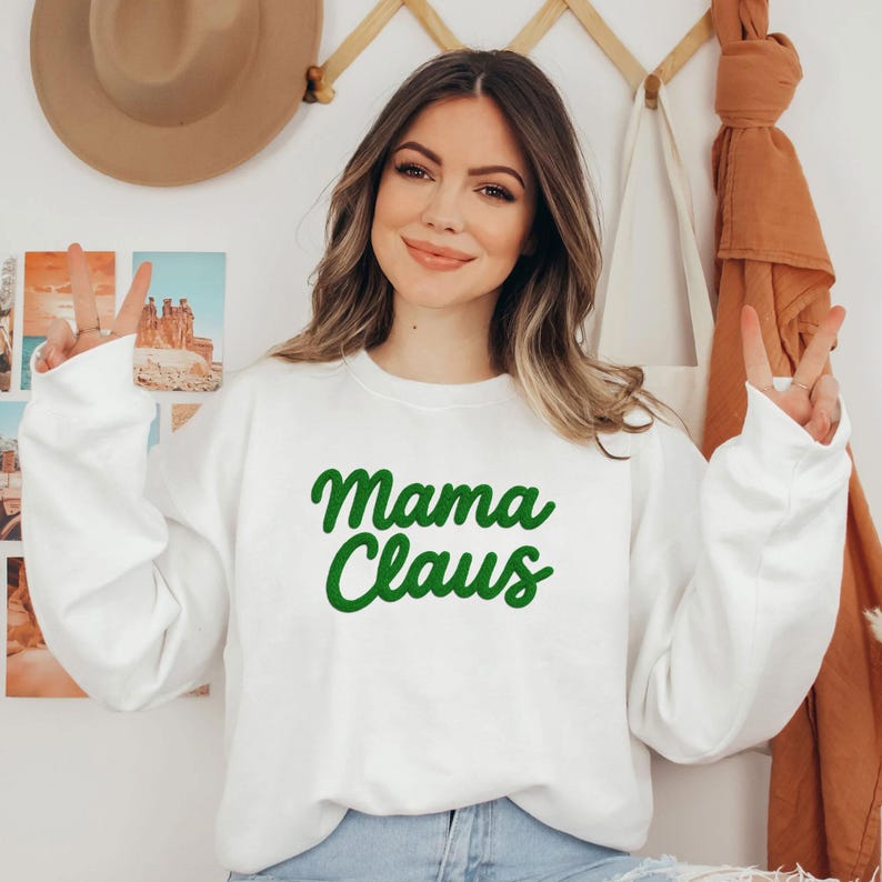 Custom Chenille YARN EMBROIDERED Sweatshirt, Custom Mama Claus shirt for Mimi, Nana, Christmas Gift for Grandma, Christmas Holiday Shirt