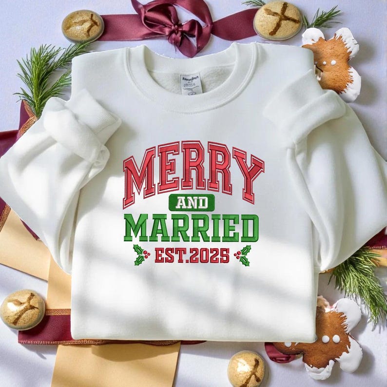 Merry and Married Embroidery Sweatshirt - Grinchmas Embroidery Hoodie, Embroidered Christmas Couple Sweater