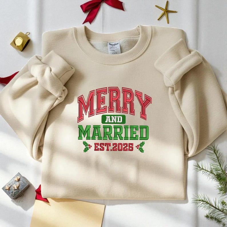 Merry and Married Embroidery Sweatshirt - Grinchmas Embroidery Hoodie, Embroidered Christmas Couple Sweater