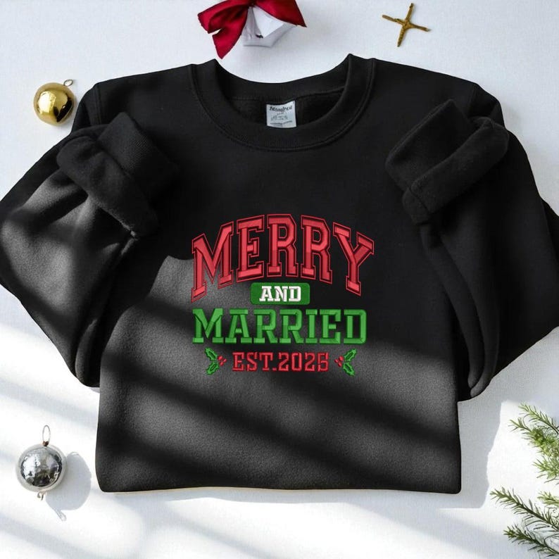 Merry and Married Embroidery Sweatshirt - Grinchmas Embroidery Hoodie, Embroidered Christmas Couple Sweater