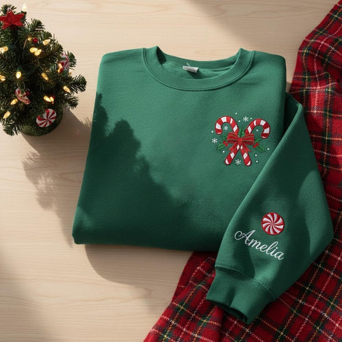 Personalized Candy Cane Christmas Embroidered Sweatshirt, Custom Xmas Crewneck, Holiday Name Sweater, Gift for Her, Cozy Christmas Hoodie