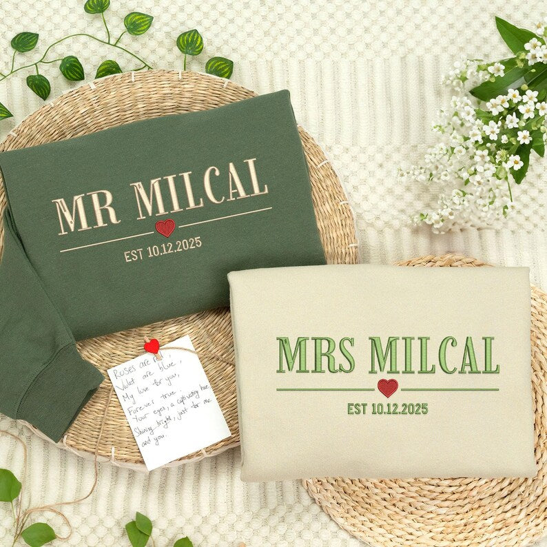 Custom Embroidered Mr & Mrs Sweatshirt with Est Year, Personalized Couple Crewneck, Wedding Anniversary Gift