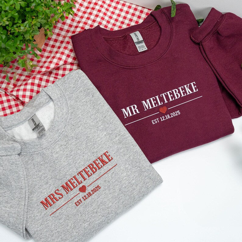Custom Embroidered Mr & Mrs Sweatshirt with Est Year, Personalized Couple Crewneck, Wedding Anniversary Gift