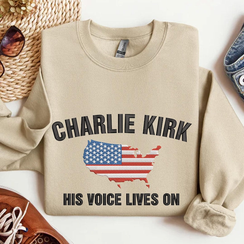 Charlie Kirk His Voice Lives On Embroidered Sweatshirt, American Flag Embroidered Sweater, Charlie Freedom Hoodie, Justice For Charlie Hoodie