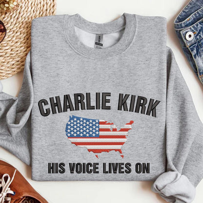 Charlie Kirk His Voice Lives On Embroidered Sweatshirt, American Flag Embroidered Sweater, Charlie Freedom Hoodie, Justice For Charlie Hoodie