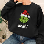 Personalized Grinch Sweatshirt - Custom Name Christmas Crewneck with Santa Hat Grinch Design, Funny Holiday Hoodie for Men and Women