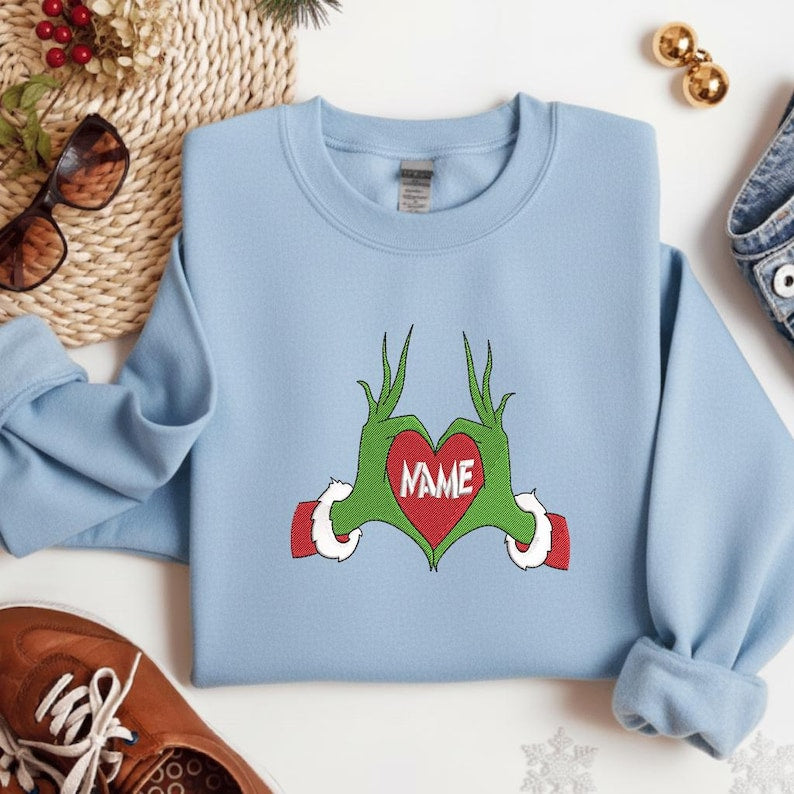 Personalized Grinch Heart Hands Sweatshirt - Custom Name Christmas Crewneck, Cute Holiday Hoodie Gift for Family, Friends and Couples