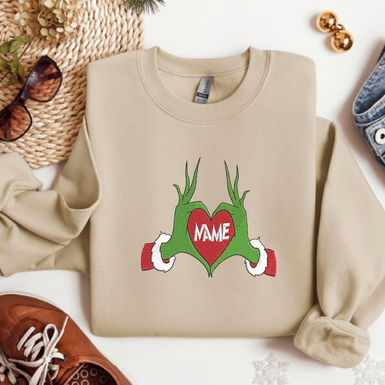 Personalized Grinch Heart Hands Sweatshirt - Custom Name Christmas Crewneck, Cute Holiday Hoodie Gift for Family, Friends and Couples