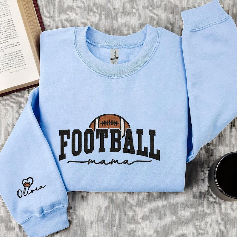 Embroidered Football Mama Sweatshirt With Kids Name, Football Season Mama Sweater, Gift For Football Mom, Cheer Mom Hoodie, Football Lover