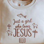 Just a Girl Who Loves Jesus Christian Sweatshirt Faith Based Hoodie with Cross, Fish and Lamb Embroidery for Women