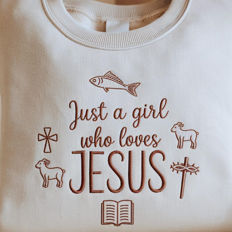 Just a Girl Who Loves Jesus Christian Sweatshirt Faith Based Hoodie with Cross, Fish and Lamb Embroidery for Women