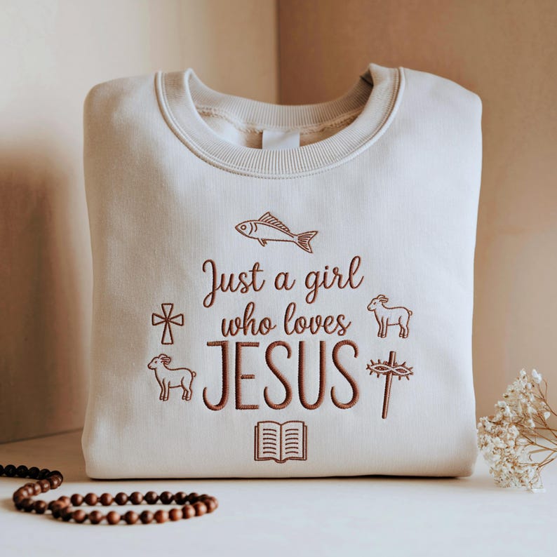 Just a Girl Who Loves Jesus Christian Sweatshirt Faith Based Hoodie with Cross, Fish and Lamb Embroidery for Women