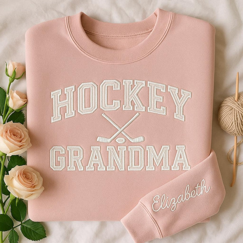Personalized Hockey Grandma Embroidered Sweatshirt, Custom Hockey Grandma Hoodie, Hockey Gift for Grandmother, Grandma Sweater with Name