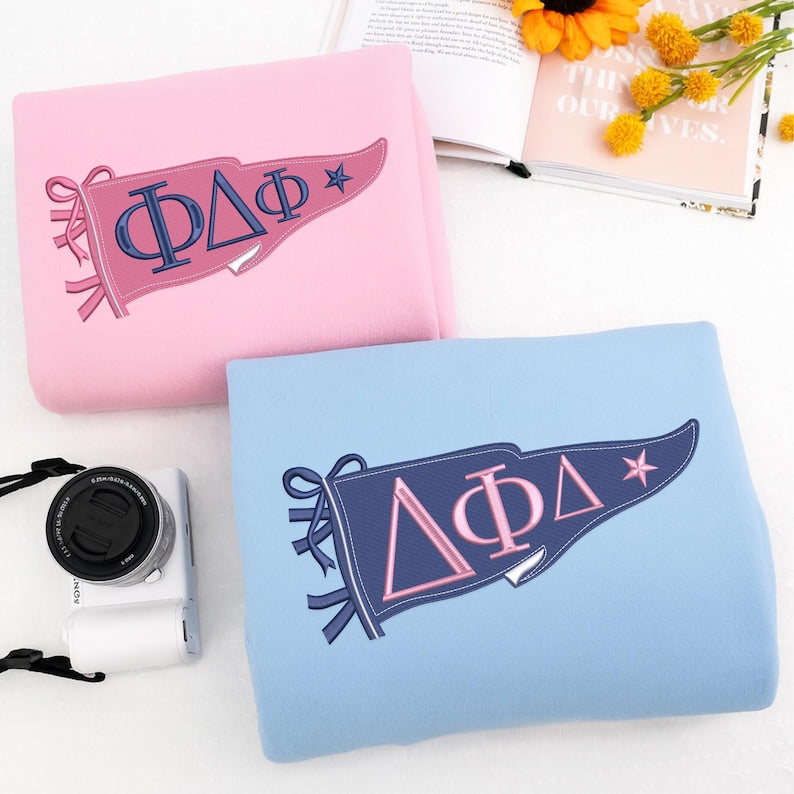 Custom Embroidered Sorority Sweatshirt with Pennant Flag, Besties Sweatshirt, College Gift, Personalized Sorority Hoodie
