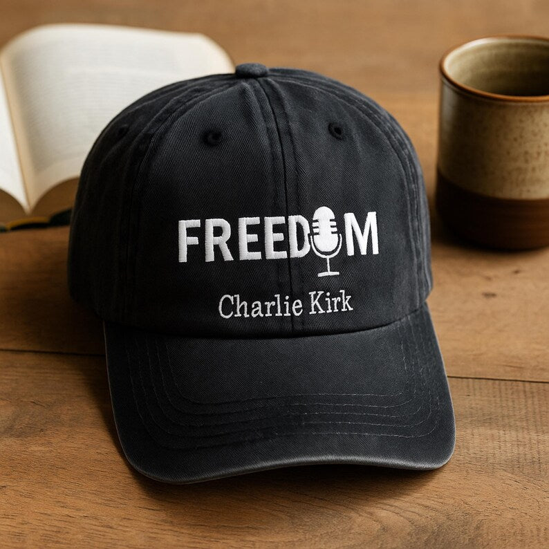 Embroidered Charlie Kirk Freedom Microphone Logo Cap Embroidered Adjustable Baseball Hat Celebrating Free Speech and Patriotic Spirit