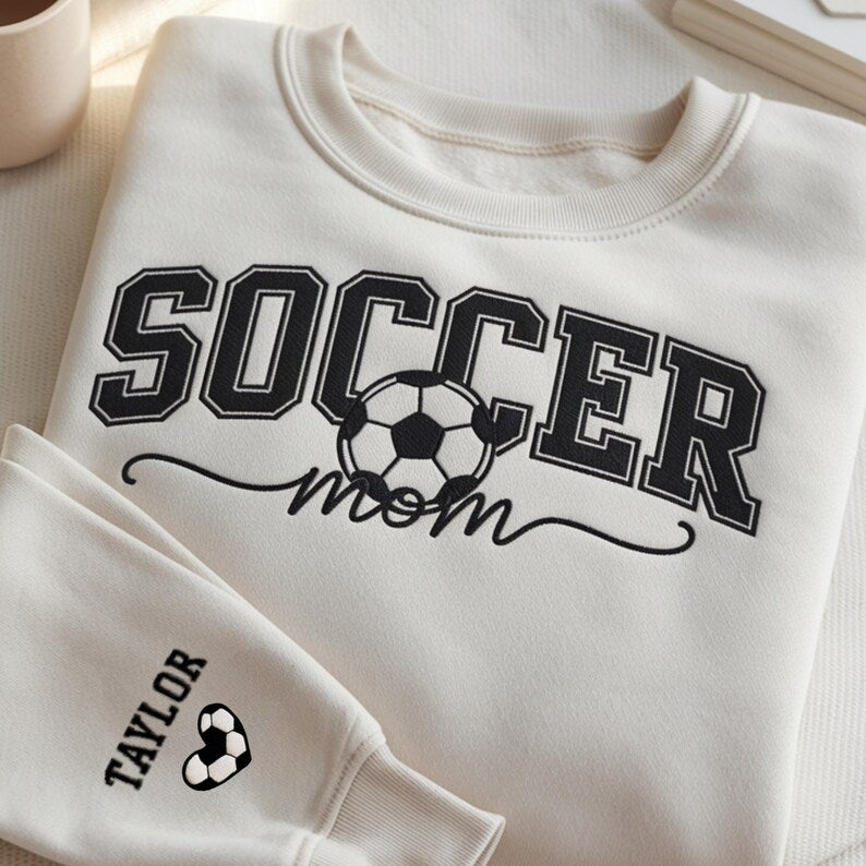 Personalized Soccer Mom Sweatshirt with Custom Name and Soccer Ball Heart Design Cozy Game Day Hoodie for Proud Soccer Moms
