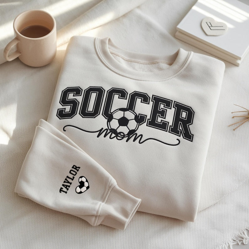 Personalized Soccer Mom Sweatshirt with Custom Name and Soccer Ball Heart Design Cozy Game Day Hoodie for Proud Soccer Moms