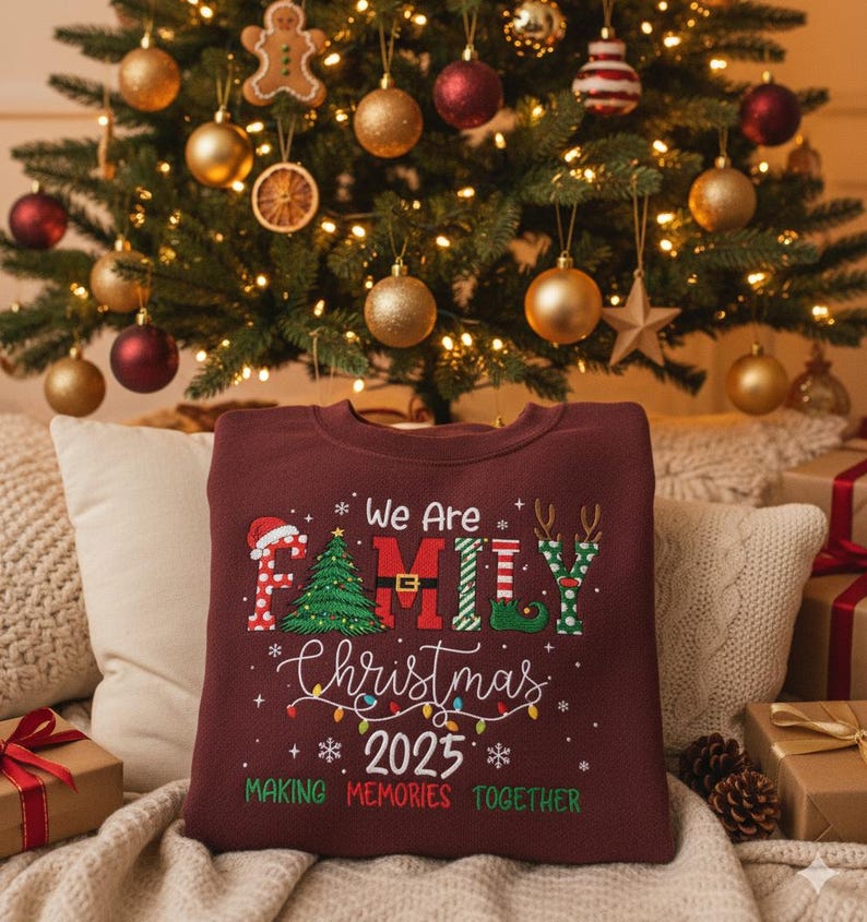 Embroidered 2025 Christmas Crew Sweatshirt: We Are Family Christmas, Family Christmas Hoodie, Festive Holiday Sweater, Christmas Party Hoodie