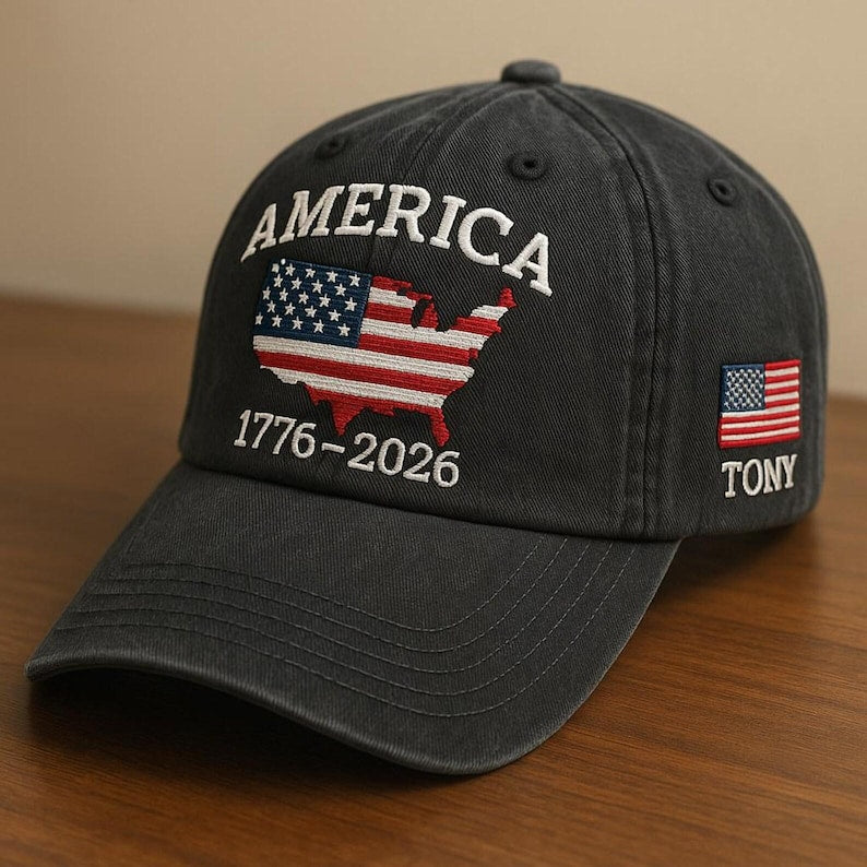 America 1776-2026 Embroidered Hat, Patriotic USA Flag Map Baseball Cap, 250th Anniversary Adjustable Dad Hat, Custom Name Gift for Veterans and Patriots