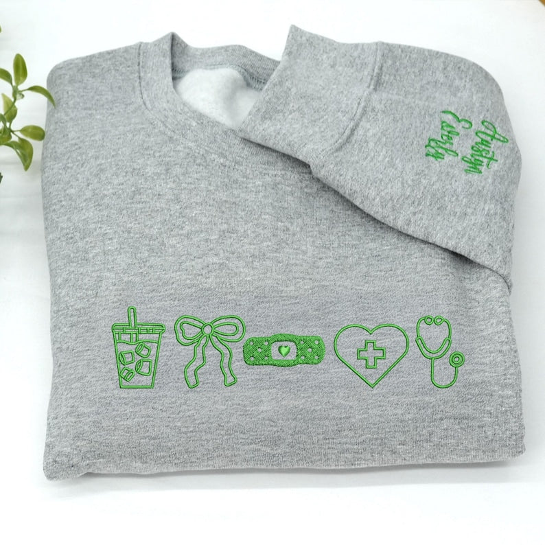 Embroidered Nurse Sweatshirt - Coquette Bow, Personalized CNA Crewneck - Nursing Student Sweatshirt For Her