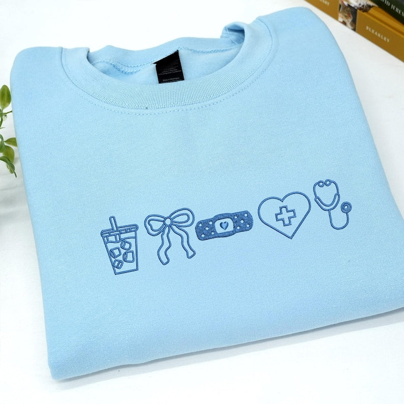 Embroidered Nurse Sweatshirt - Coquette Bow, Personalized CNA Crewneck - Nursing Student Sweatshirt For Her