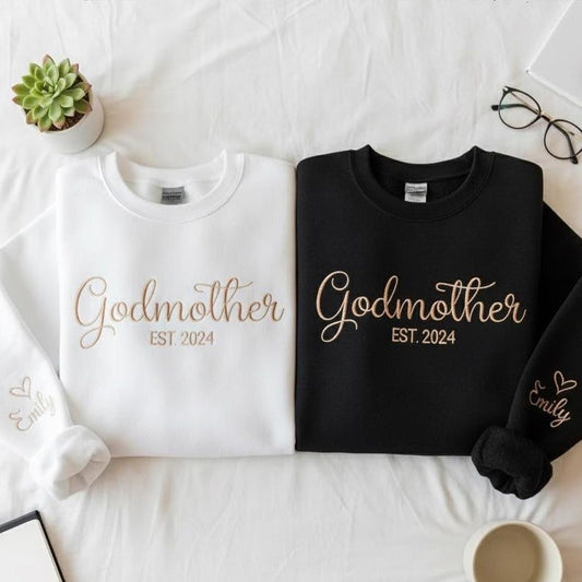 Embroidered Godmother Est. Year Sweatshirt, Personalized Sleeve Crewneck, New Godmother Gift, Godparent Proposal Hoodie, Baptism Gift