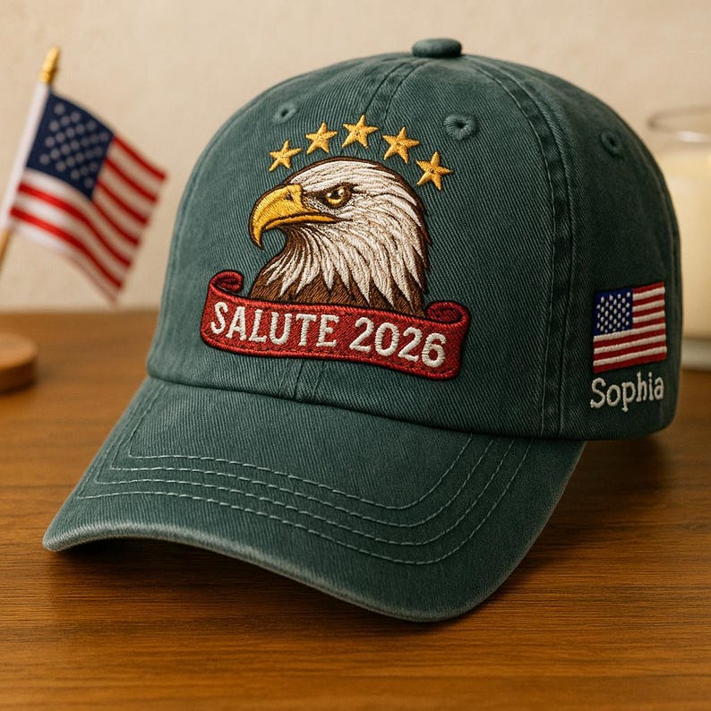 Bald Eagle Head Embroidered Dad Cap, Salute 2026 Washed Hat, Patriotic Military Gift, Custom American Veteran Cap