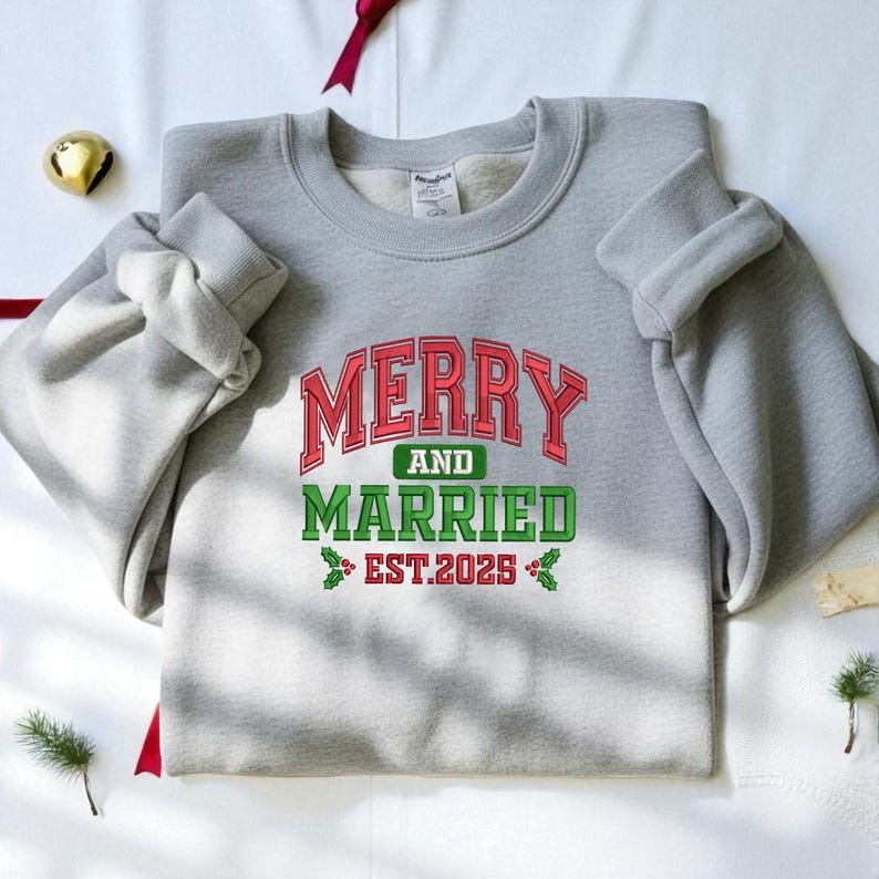 Merry and Married Embroidery Sweatshirt - Grinchmas Embroidery Hoodie, Embroidered Christmas Couple Sweater