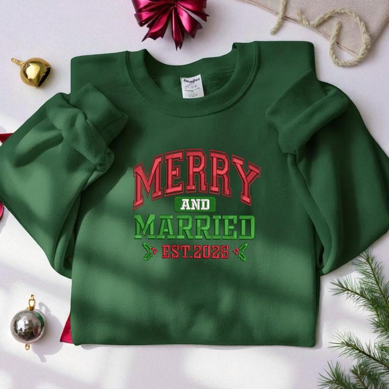 Merry and Married Embroidery Sweatshirt - Grinchmas Embroidery Hoodie, Embroidered Christmas Couple Sweater