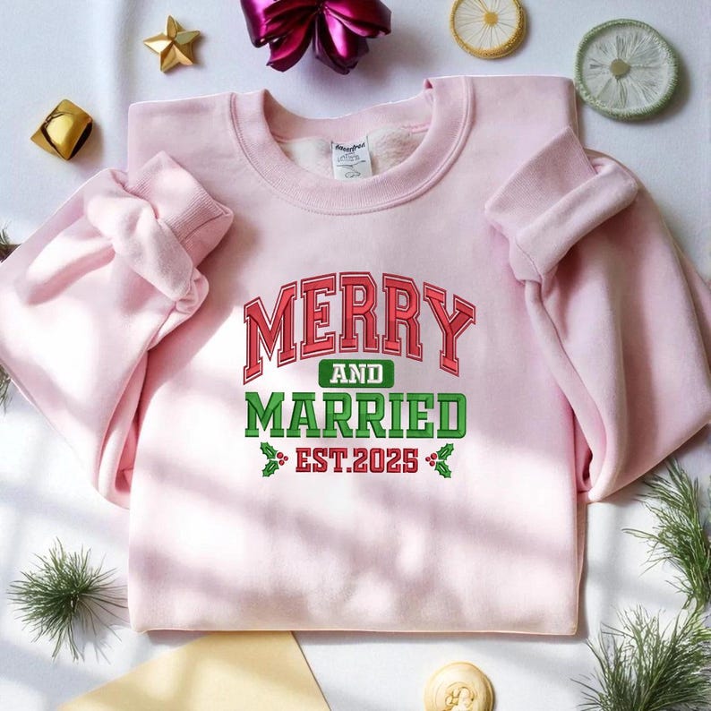 Merry and Married Embroidery Sweatshirt - Grinchmas Embroidery Hoodie, Embroidered Christmas Couple Sweater