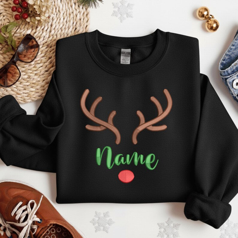 Personalized Embroidered Rudolph Reindeer Christmas Sweatshirt, Custom Name Hoodie, Christmas Gift, Embroidered Christmas Sweater For Friend