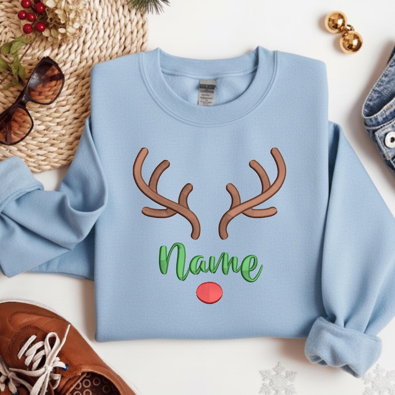 Personalized Embroidered Rudolph Reindeer Christmas Sweatshirt, Custom Name Hoodie, Christmas Gift, Embroidered Christmas Sweater For Friend
