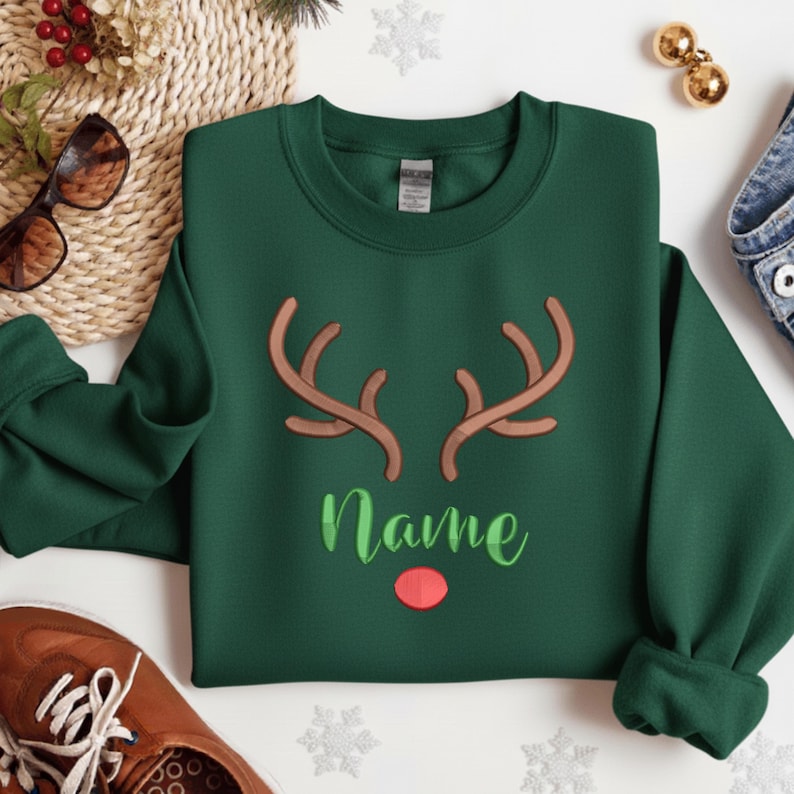 Personalized Embroidered Rudolph Reindeer Christmas Sweatshirt, Custom Name Hoodie, Christmas Gift, Embroidered Christmas Sweater For Friend
