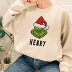 Personalized Grinch Sweatshirt - Custom Name Christmas Crewneck with Santa Hat Grinch Design, Funny Holiday Hoodie for Men and Women
