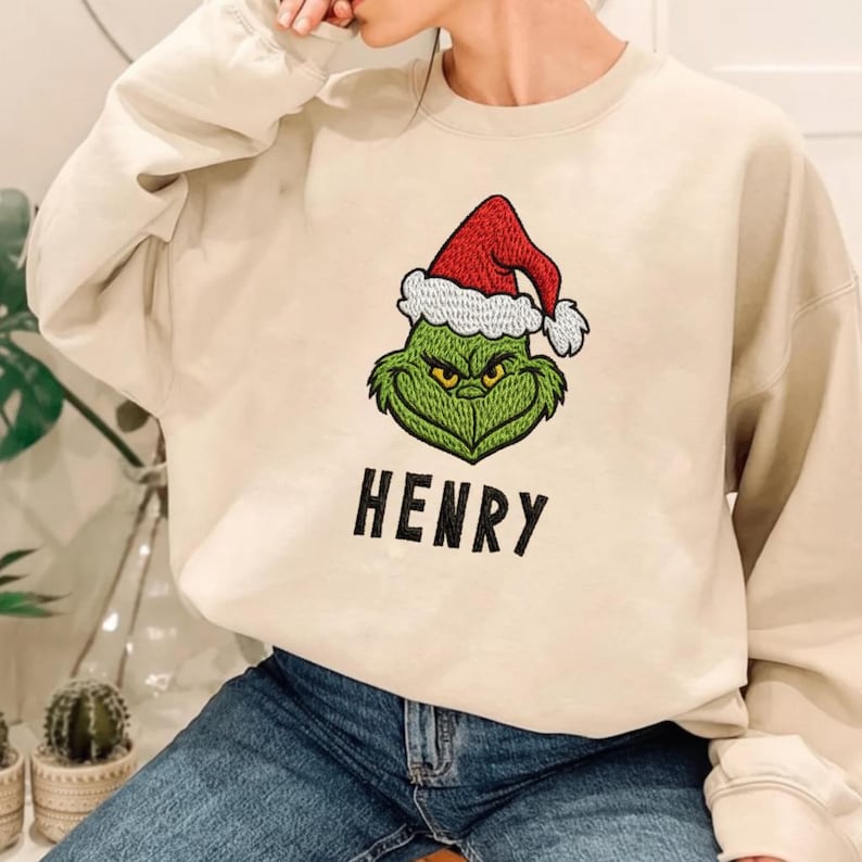 Personalized Grinch Sweatshirt - Custom Name Christmas Crewneck with Santa Hat Grinch Design, Funny Holiday Hoodie for Men and Women