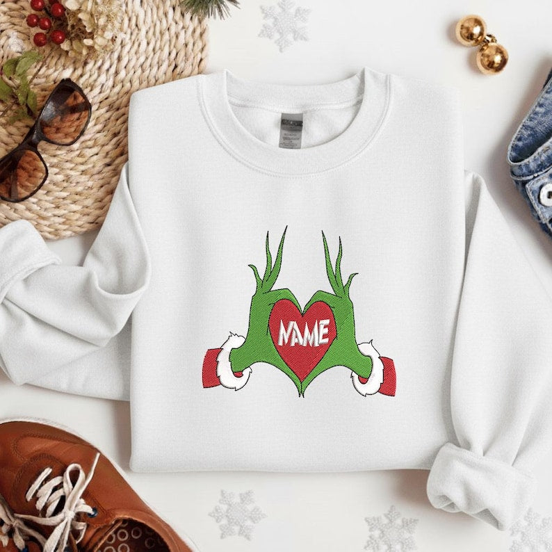 Personalized Grinch Heart Hands Sweatshirt - Custom Name Christmas Crewneck, Cute Holiday Hoodie Gift for Family, Friends and Couples