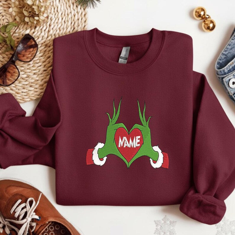 Personalized Grinch Heart Hands Sweatshirt - Custom Name Christmas Crewneck, Cute Holiday Hoodie Gift for Family, Friends and Couples