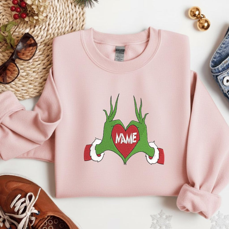 Personalized Grinch Heart Hands Sweatshirt - Custom Name Christmas Crewneck, Cute Holiday Hoodie Gift for Family, Friends and Couples