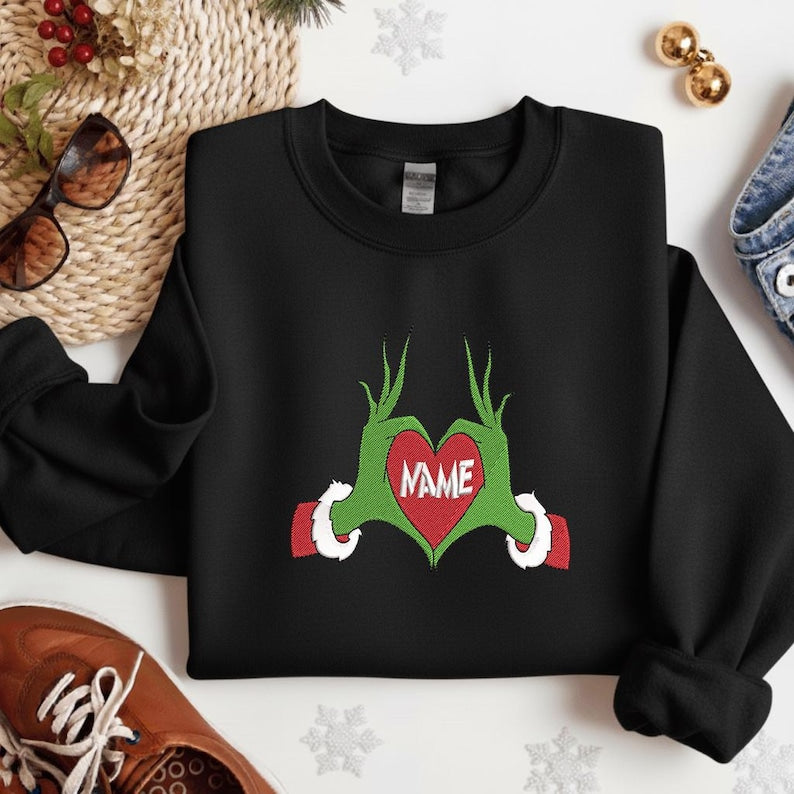 Personalized Grinch Heart Hands Sweatshirt - Custom Name Christmas Crewneck, Cute Holiday Hoodie Gift for Family, Friends and Couples